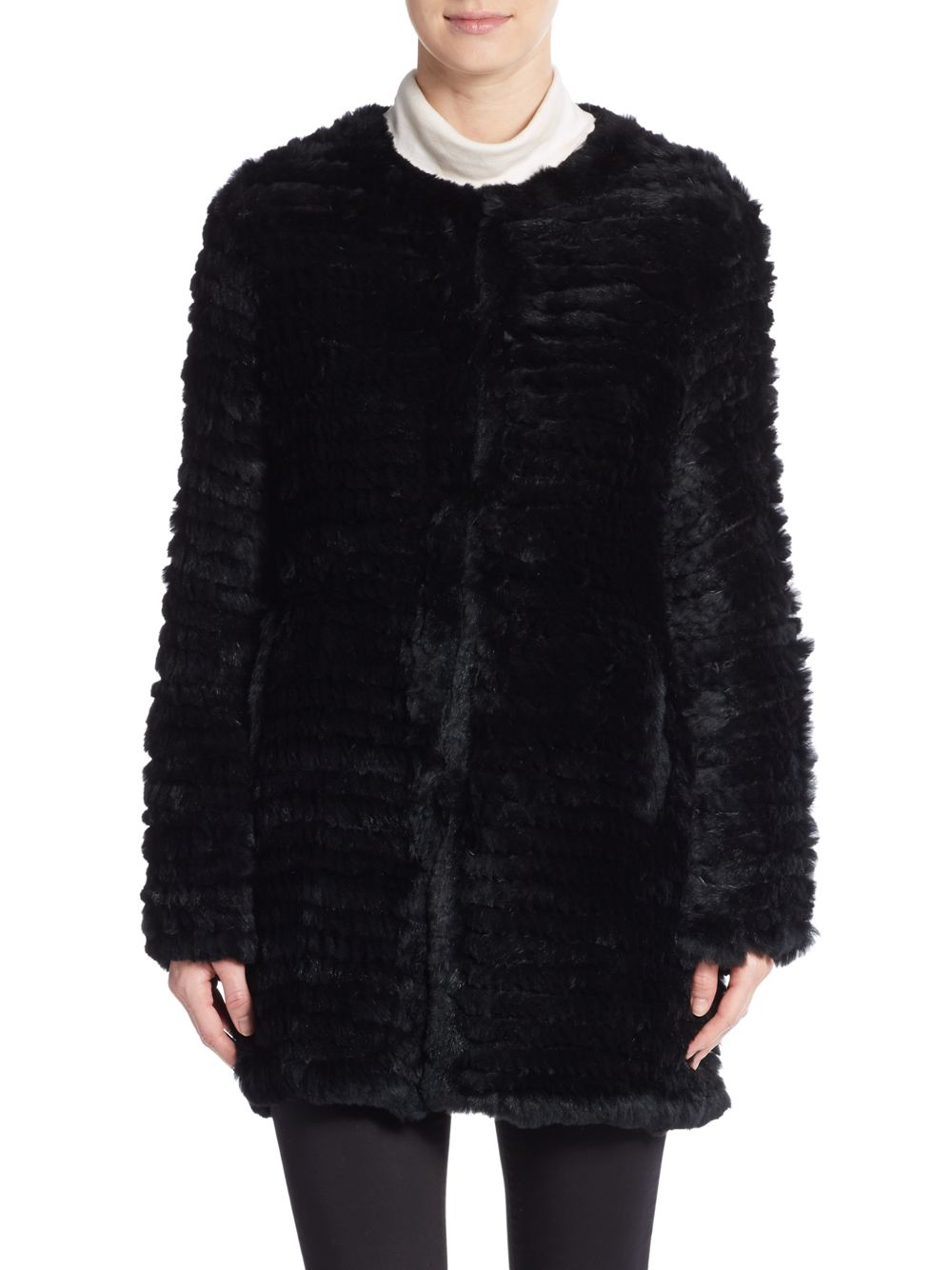 Adrienne landau Knit Rabbit Fur Coat in Black | Lyst