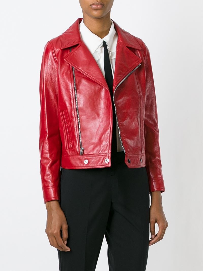Saint Laurent Classic Leather Biker Jacket in Red - Lyst