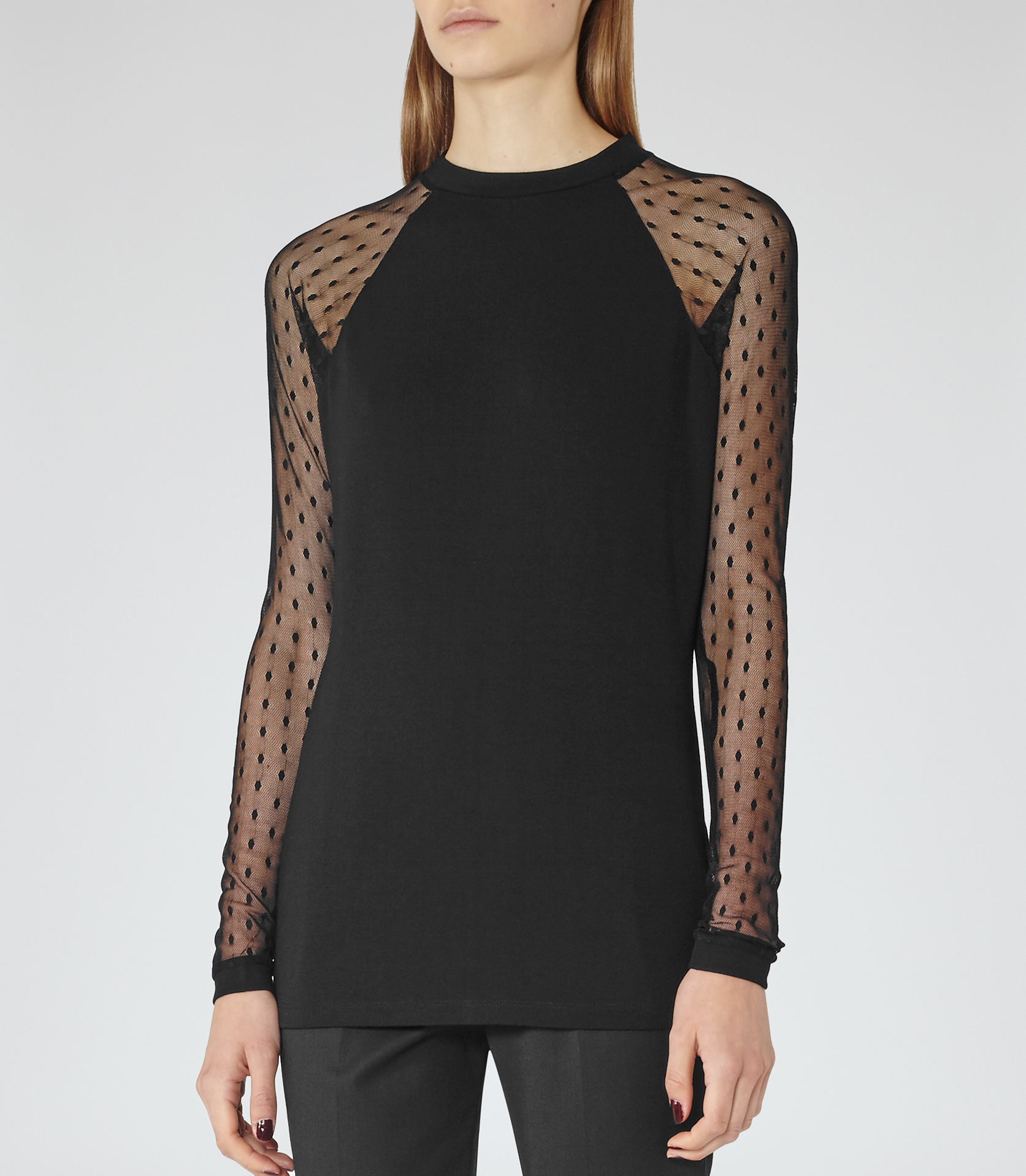 Reiss Denim Zeta Sheersleeve Top in Black Lyst