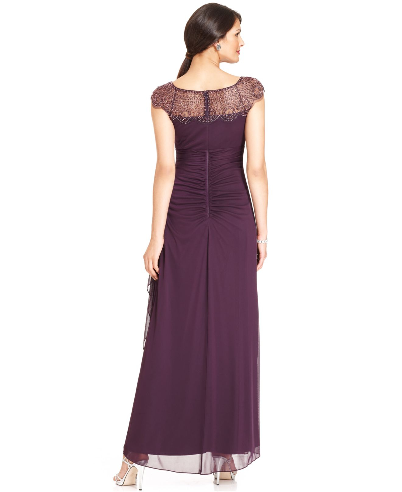 xscape beaded cap sleeve gown