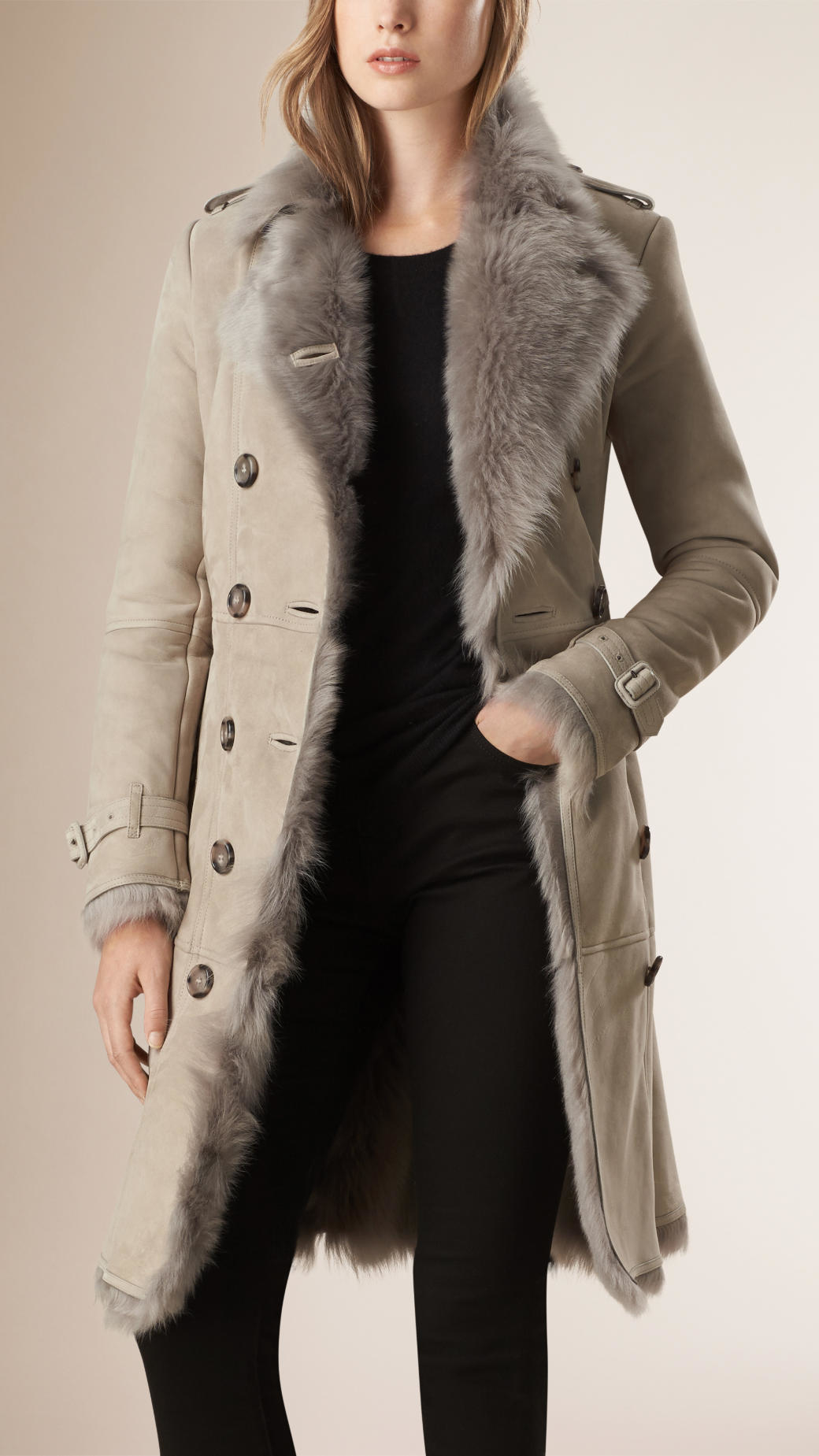 Burberry Leather Shearling Trench Coat in Light Grey (Gray) | Lyst