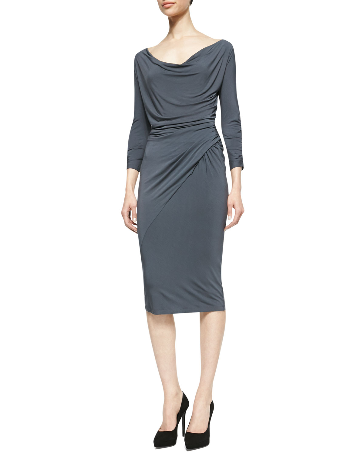 Donna Karan Draped Scoopneck Jersey Dress in Gray - Lyst