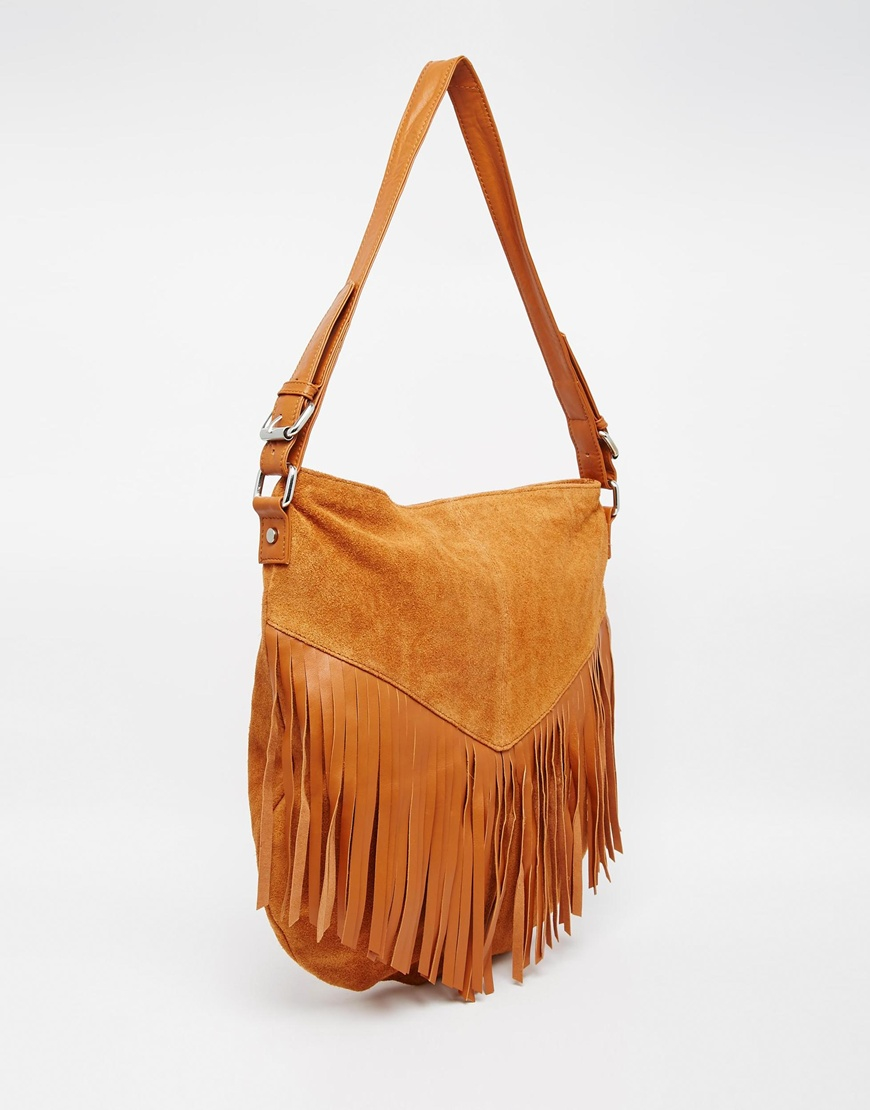 ASOS Suede Fringed Shoulder Bag With Leather Strap in Brown - Lyst