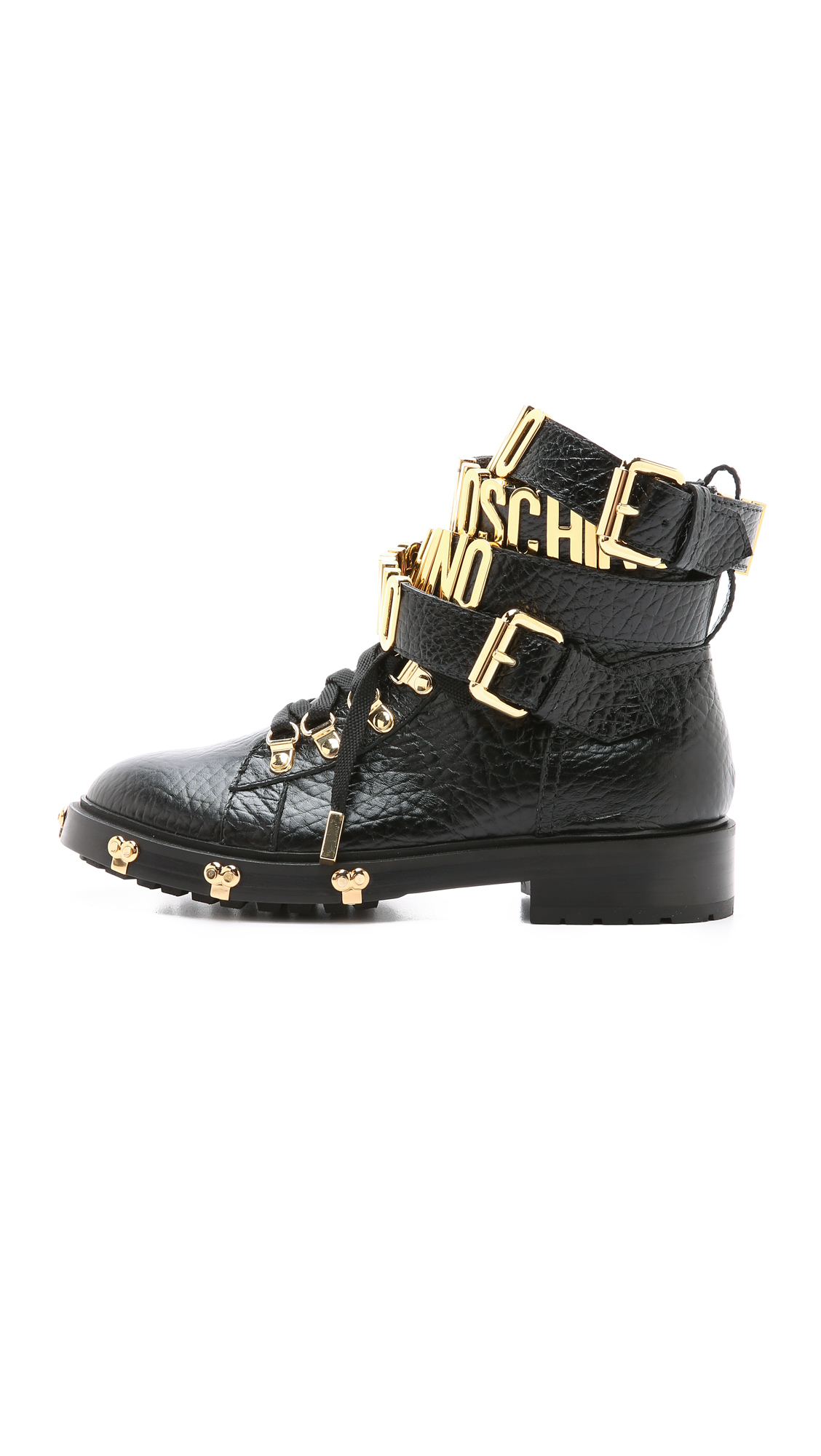 Moschino Ankle-Strap Leather Combat Boots in Black | Lyst