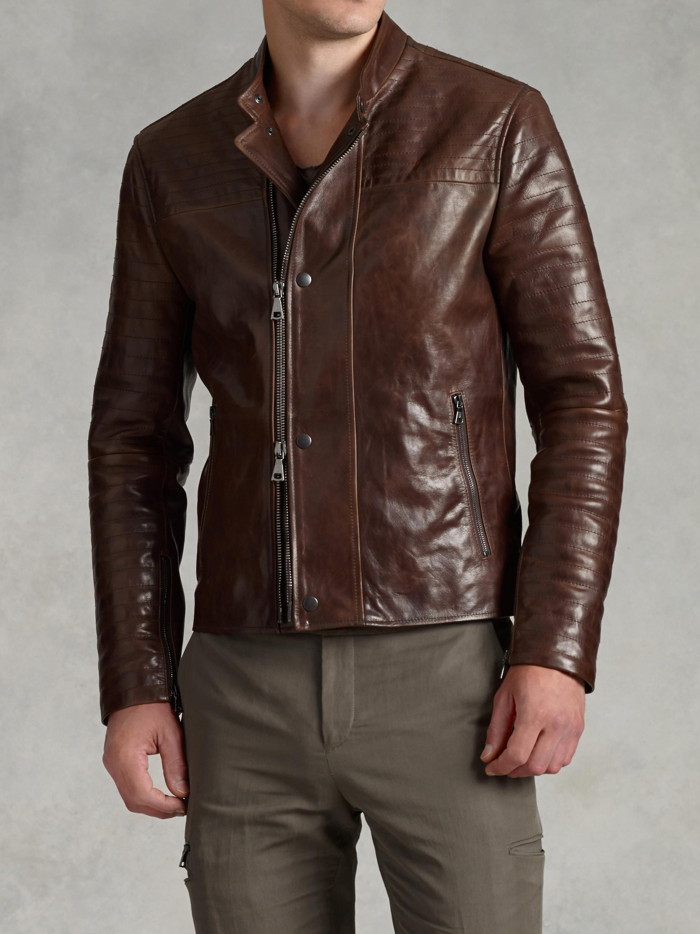 John Varvatos Leather Biker Jacket in Brown for Men | Lyst