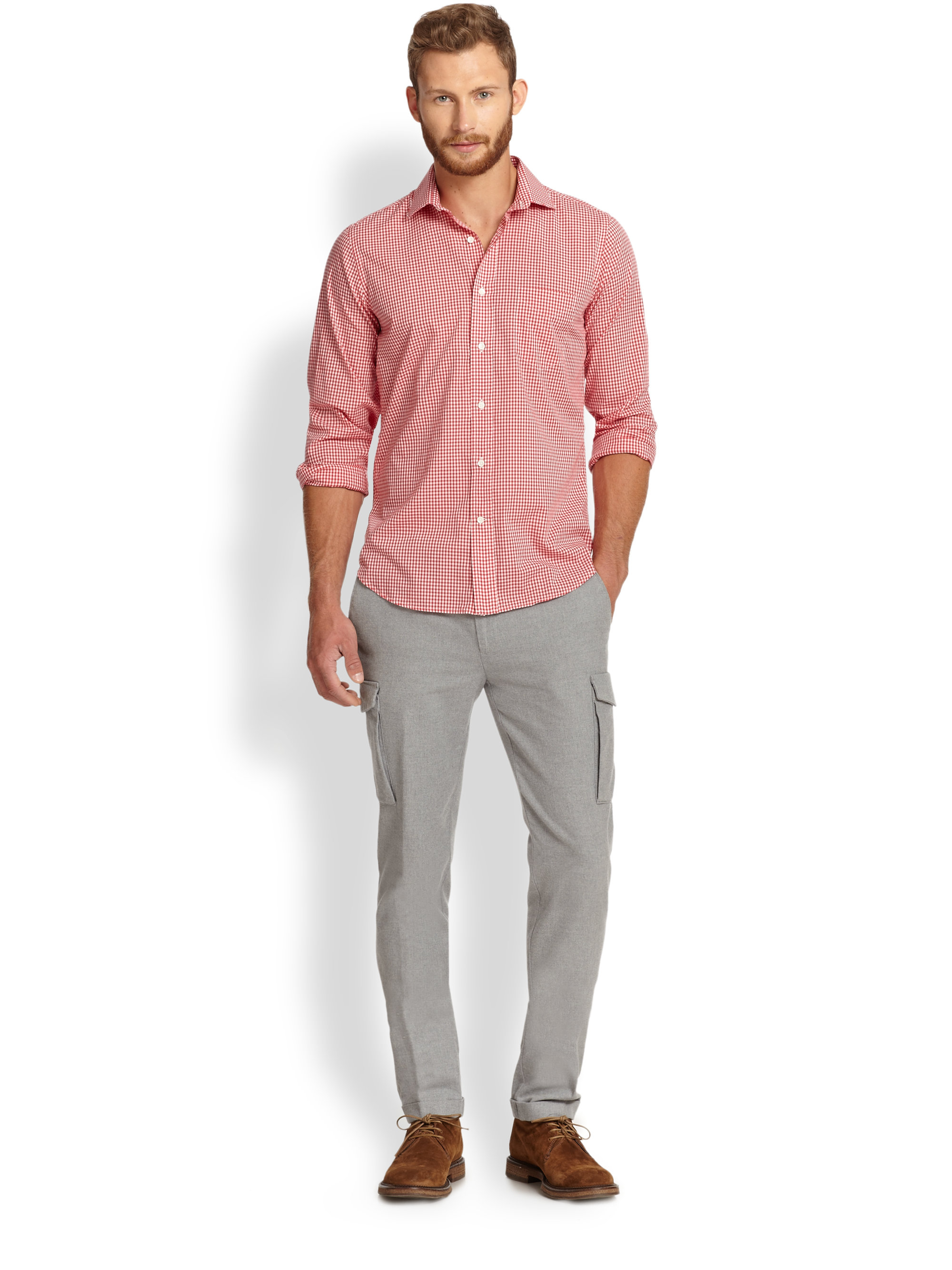 pink shirt and gray pants