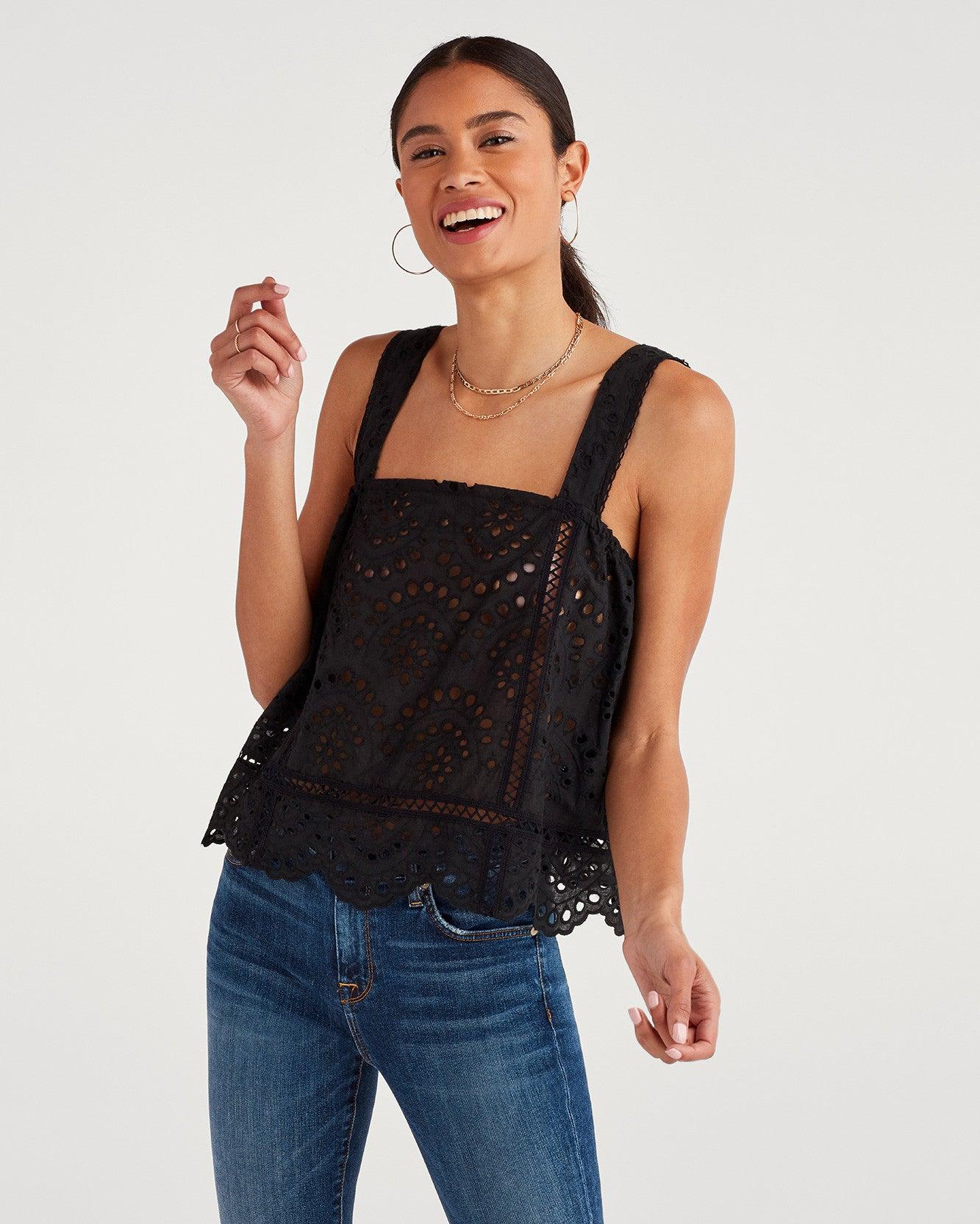7 For All Mankind Cotton Eyelet Tank Top In Jet Black - Save 32% - Lyst