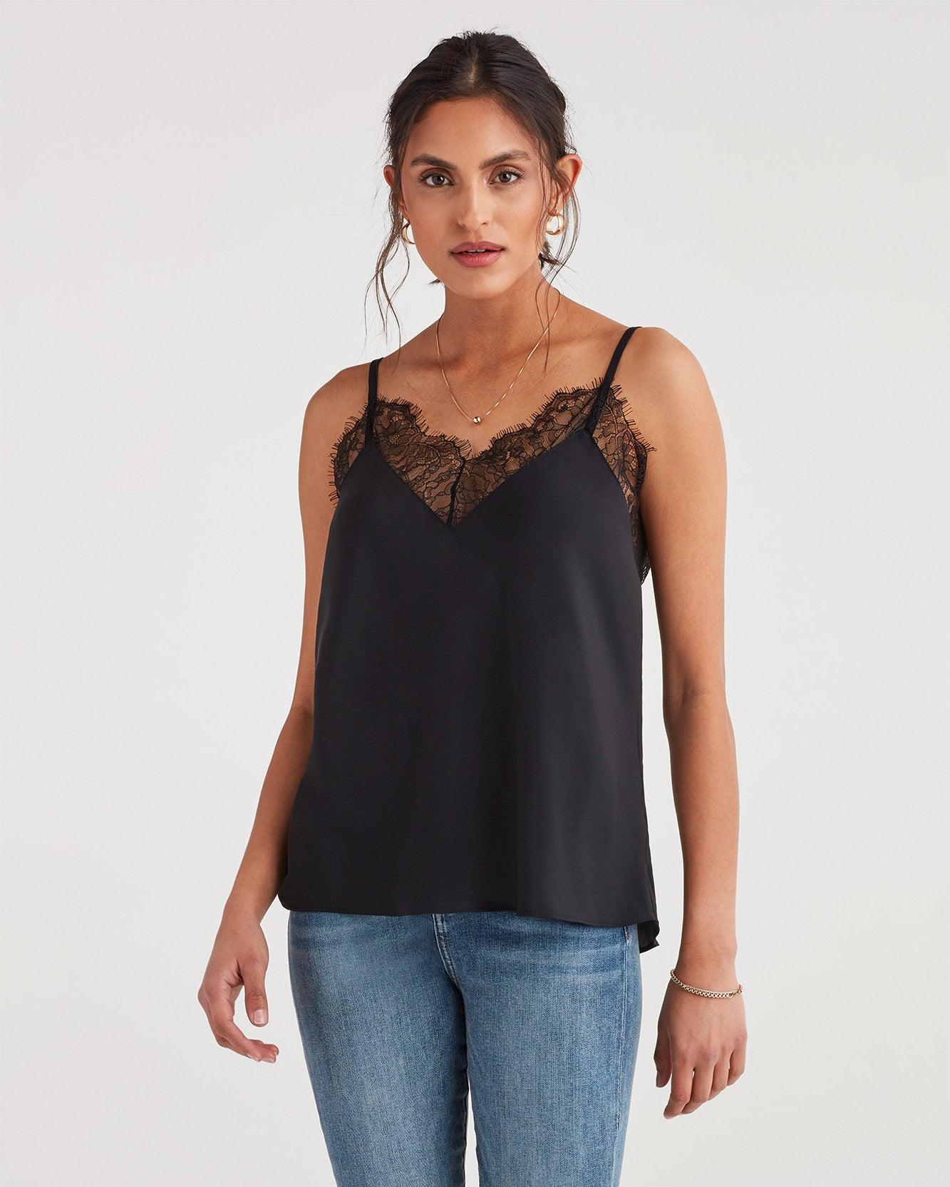 7 For All Mankind Satin Lace Trim Cami in Black - Lyst