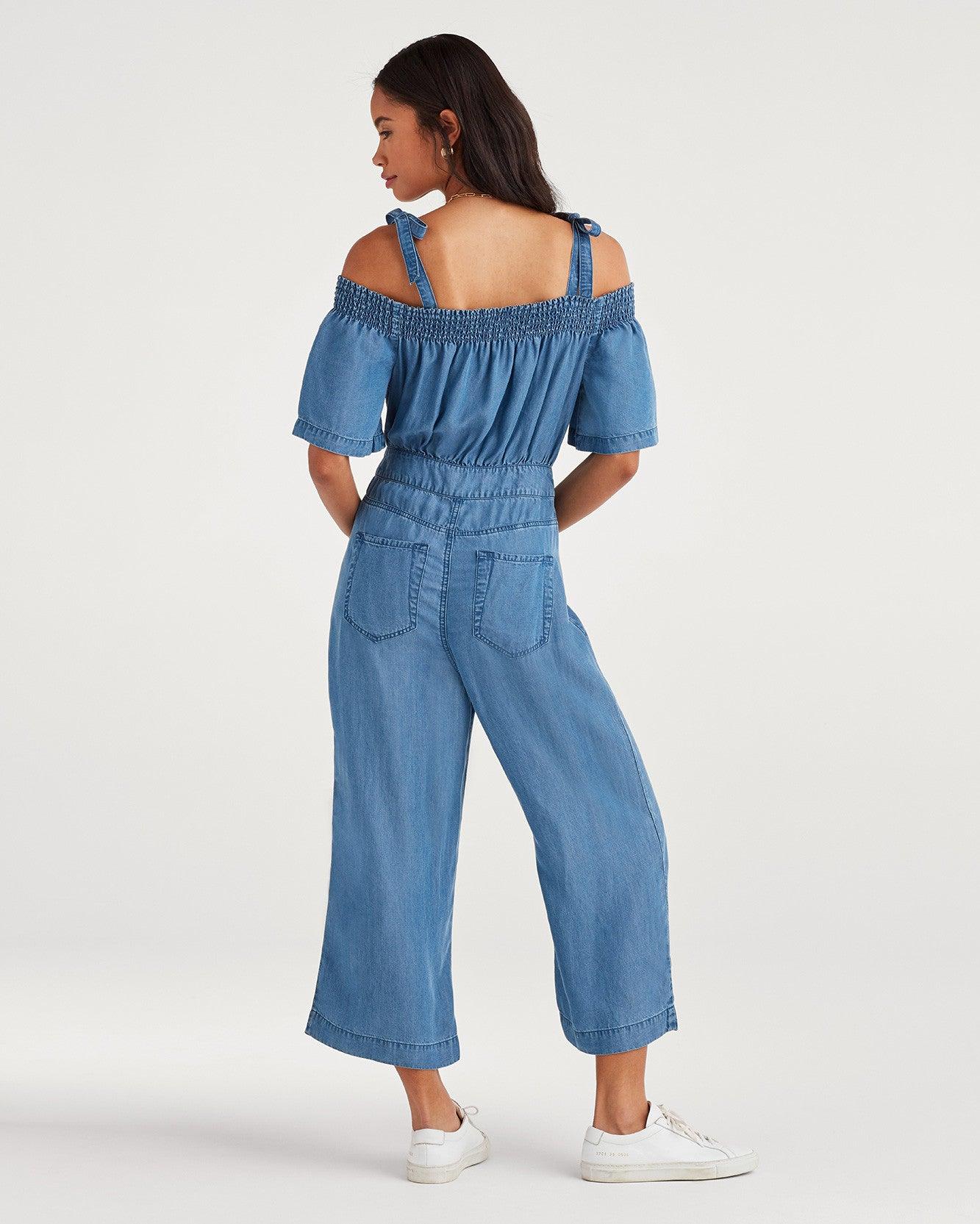 7 For All Mankind Linen Smocked Off-shoulder Jumpsuit In Classic Blue ...