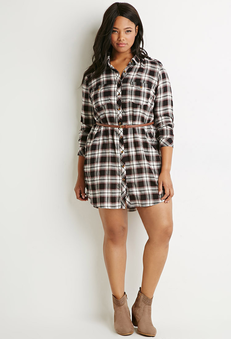 Lyst Forever 21 Plus Size Belted  Plaid  Shirt  Dress  in Black