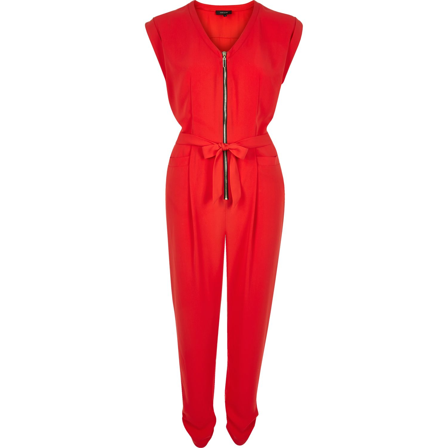 River Island Red Zip-up Short Sleeve Jumpsuit | Lyst UK