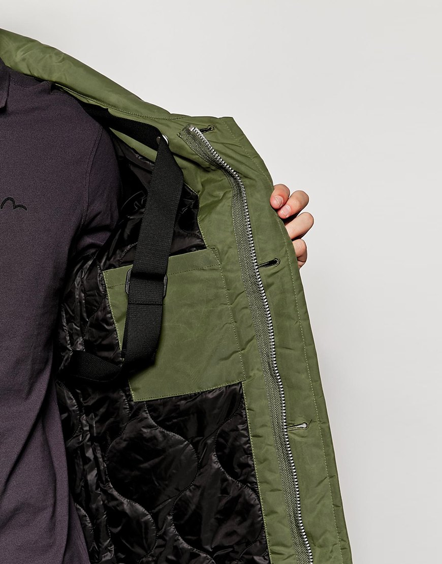 Evisu Genes Nylon Padded Trench Coat With Inner Travel Straps in Green