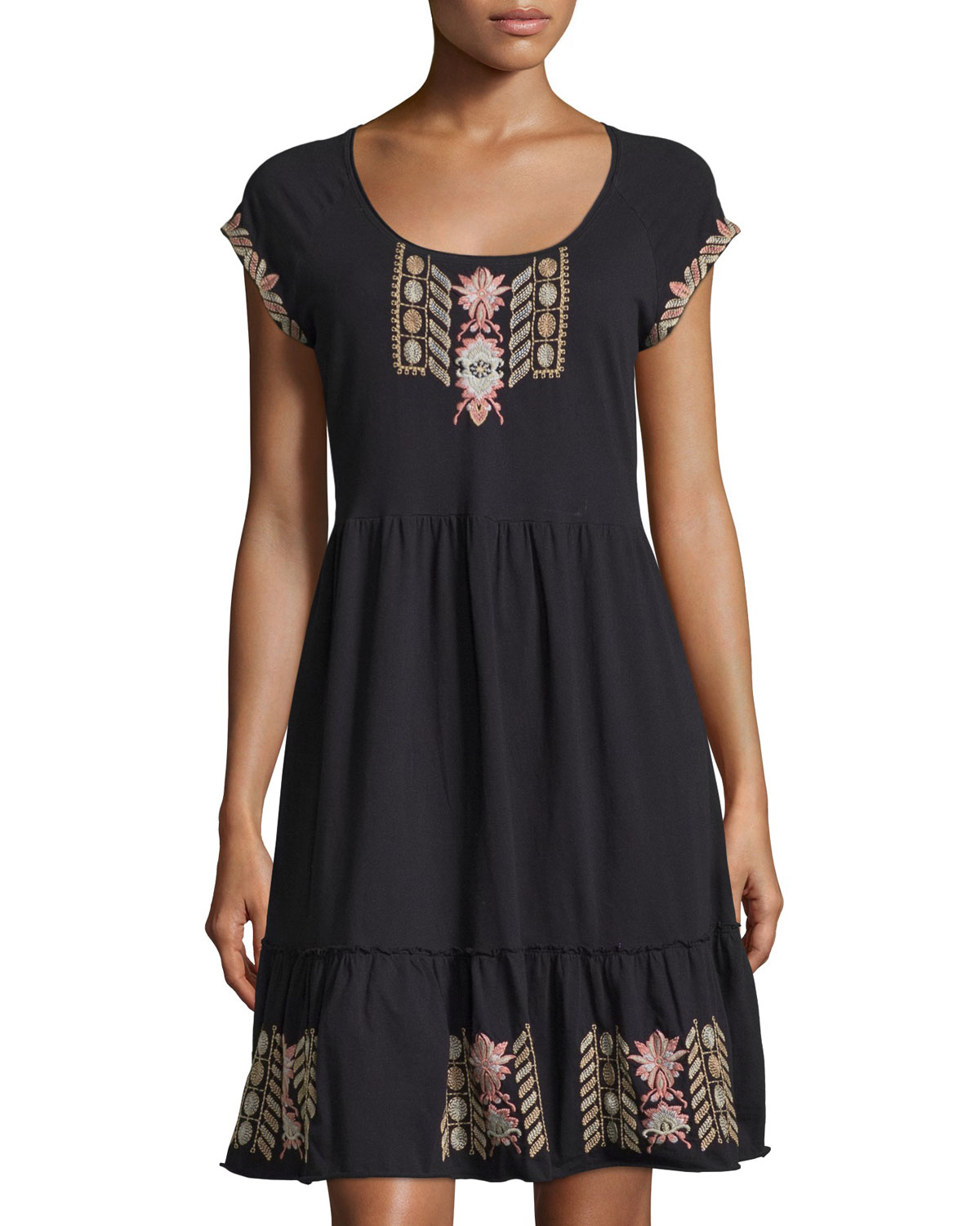 Johnny Was Synthetic Short-sleeve Tiered Embroidered Dress in Black - Lyst