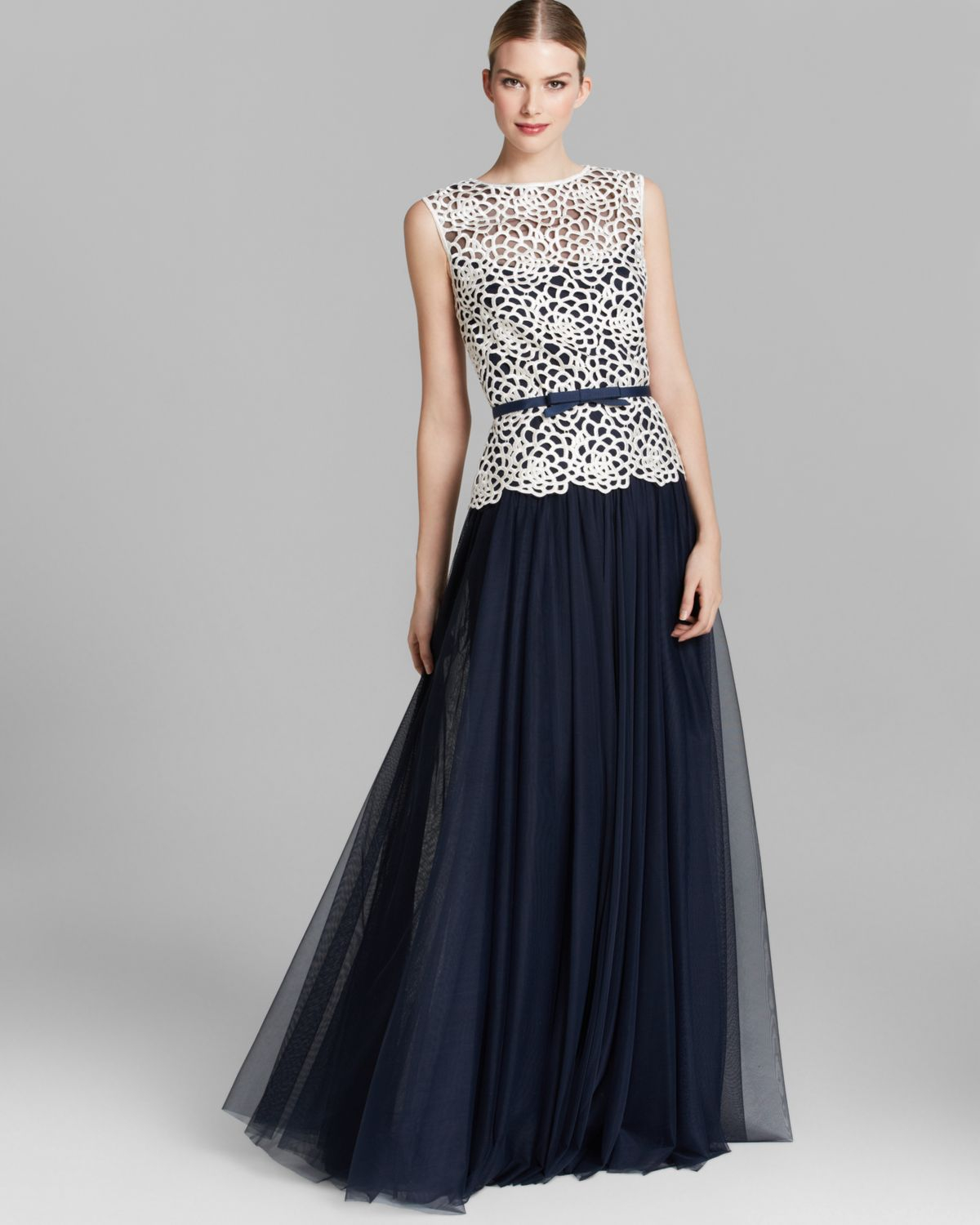 Tadashi Shoji Shoji Gown Sleeveless Lace Belted in Ivory ...