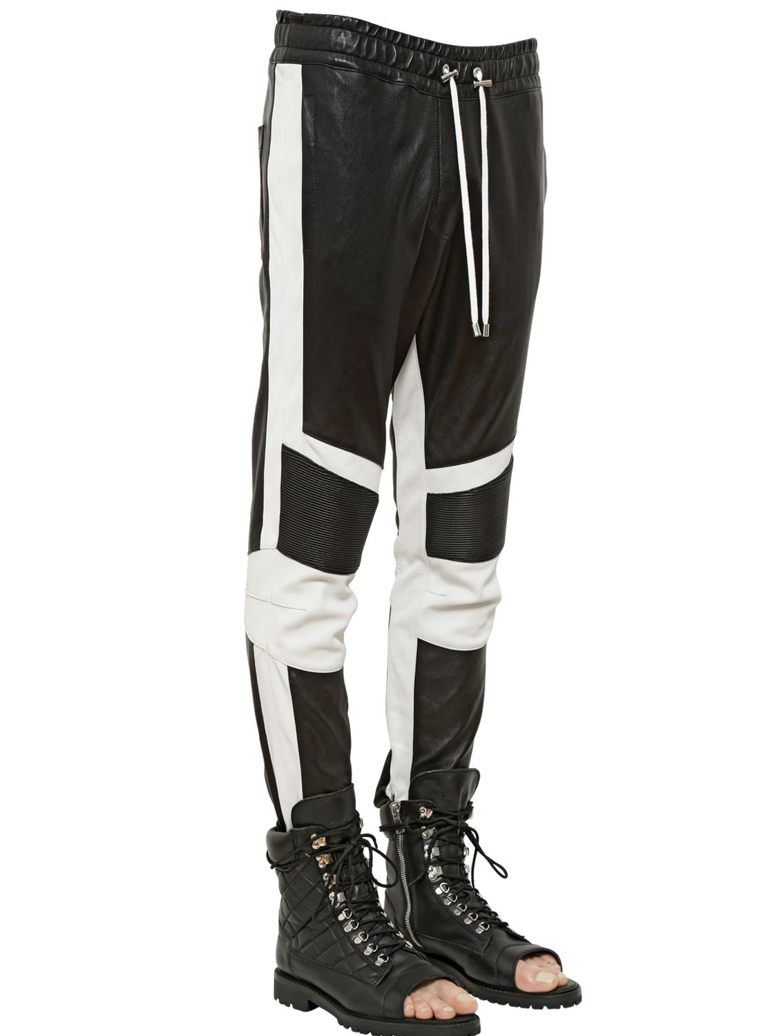 black and white leather pants