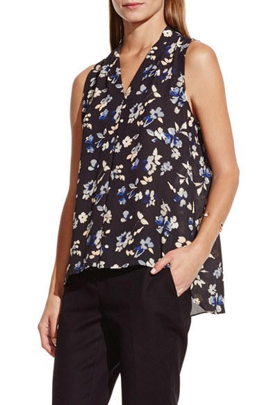 Flower Print Pleated Front Split Neck Blouse
