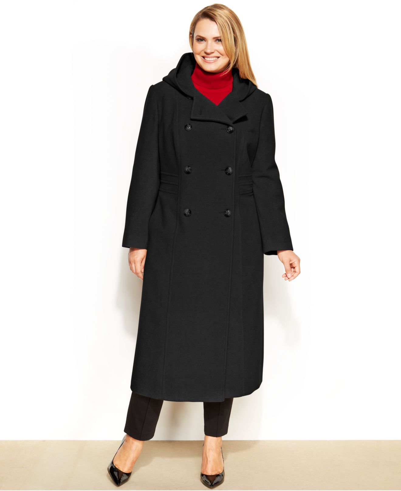 Anne Klein Plus Size Hooded Double-Breasted Maxi Walker Coat in Black | Lyst