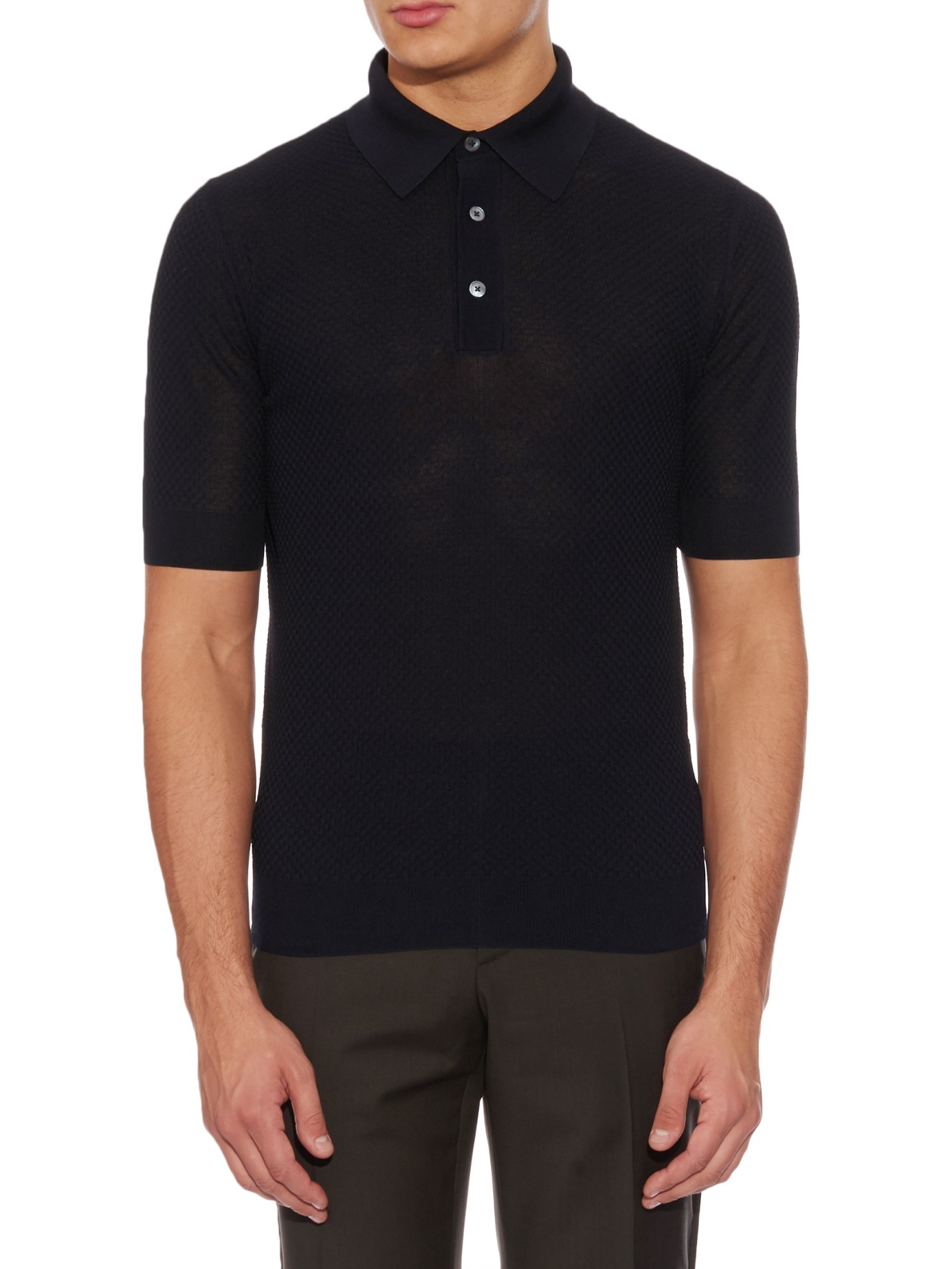 Dunhill Waffle-knit Mulberry Silk Polo Shirt in Navy (Blue) for Men - Lyst