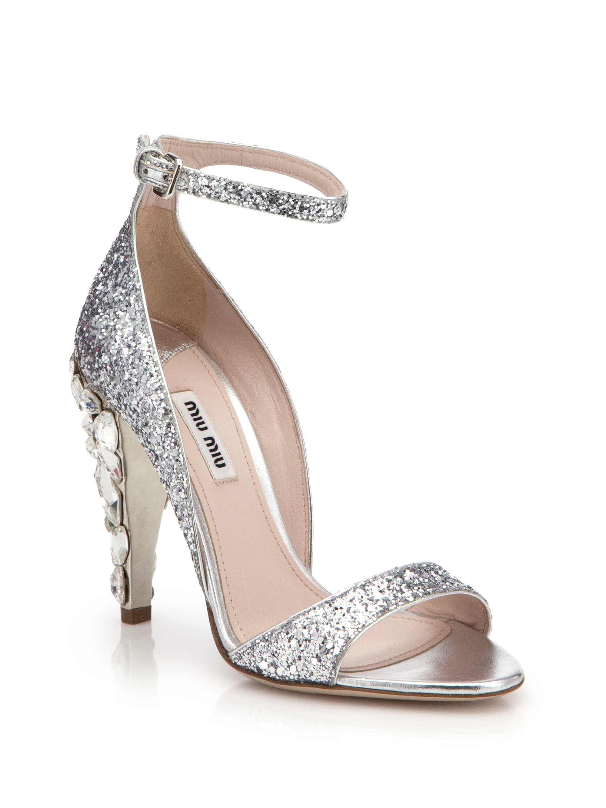 Lyst - Miu Miu Crystal-heel Glittered Leather Sandals in Metallic