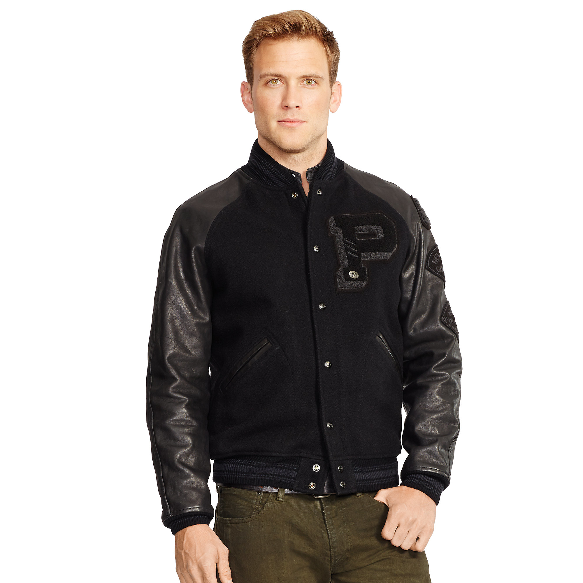 Lyst Polo Ralph Lauren Leather Sleeved Wool Jacket In Black For Men Gallery