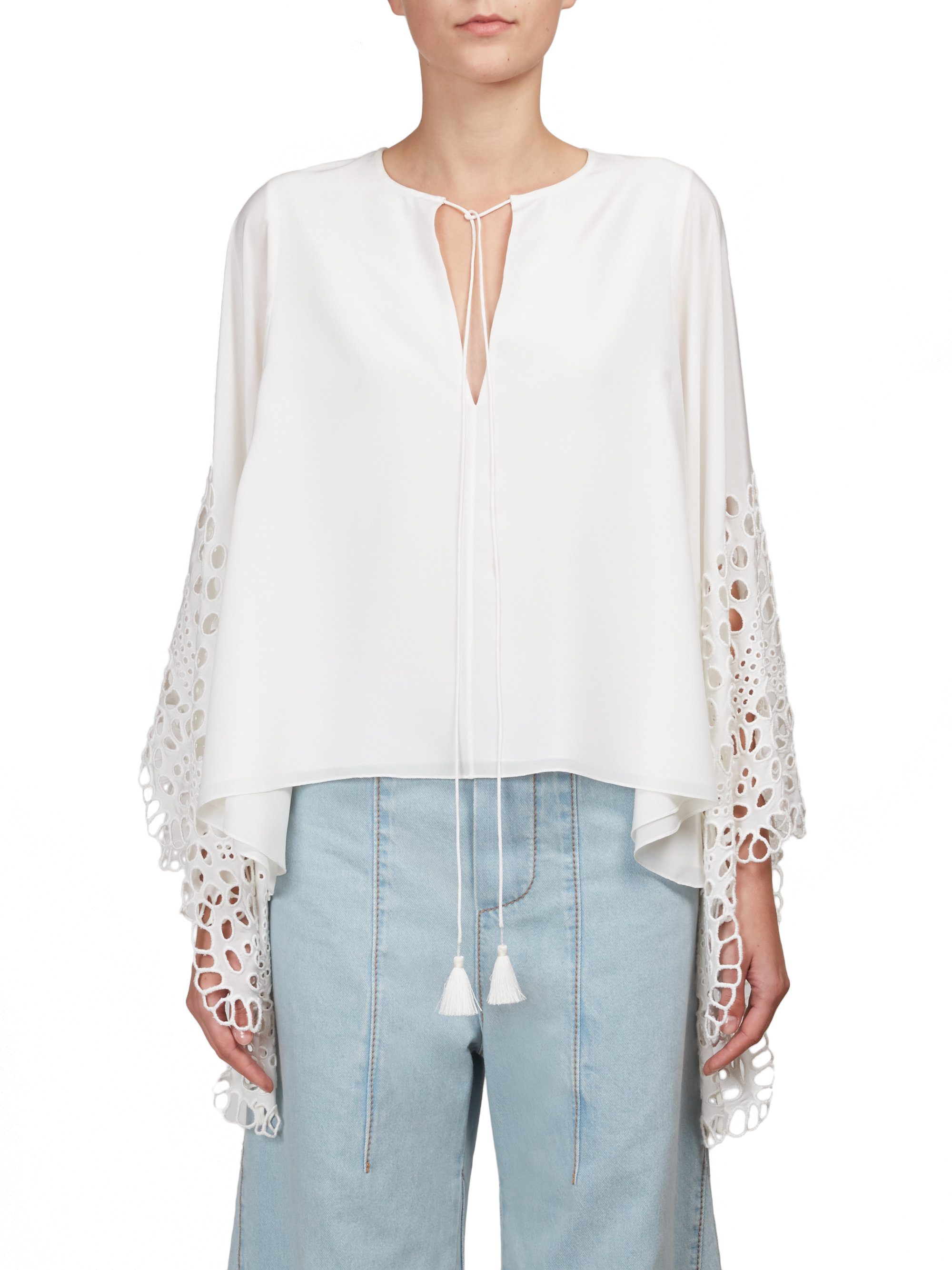 Lyst - Chloé Silk Eyelet Bell-sleeve Blouse in White