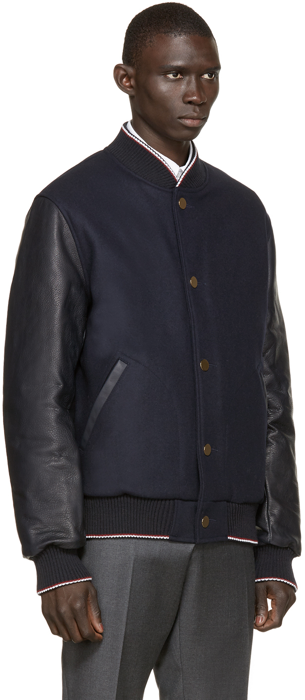 Thom Browne Navy Leather And Wool Bomber Jacket in Blue ... (616 x 1412 Pixel)