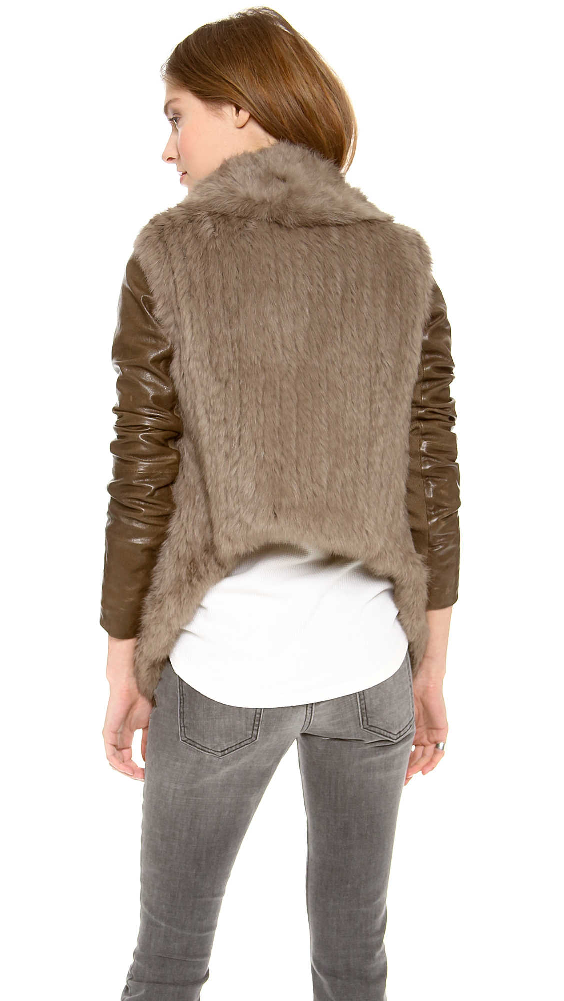 June Knit Fur Jacket with Leather Sleeves in Walnut (Brown) - Lyst
