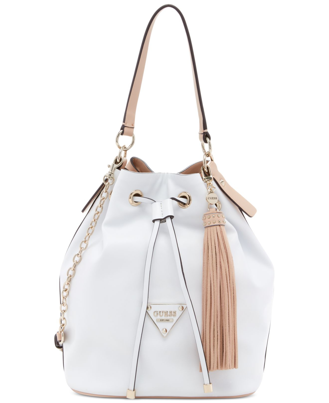 Guess Thompson Drawstring Bucket Bag in White | Lyst