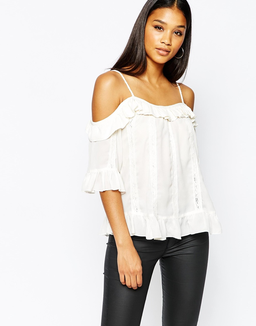 Lipsy Lace Frill Detail Bardot Top in Ivory (Natural) - Lyst