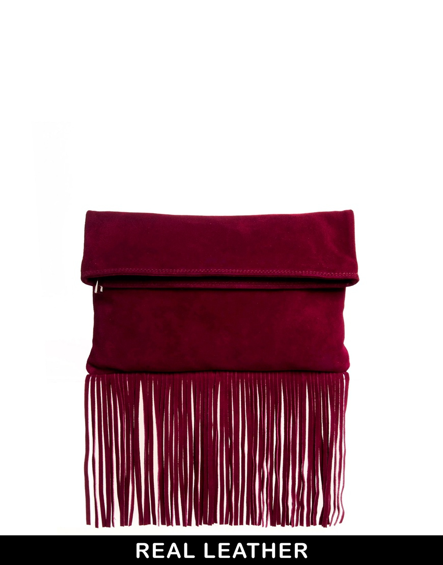ASOS Suede Foldover Fringe Clutch Bag in Berry (Purple) - Lyst