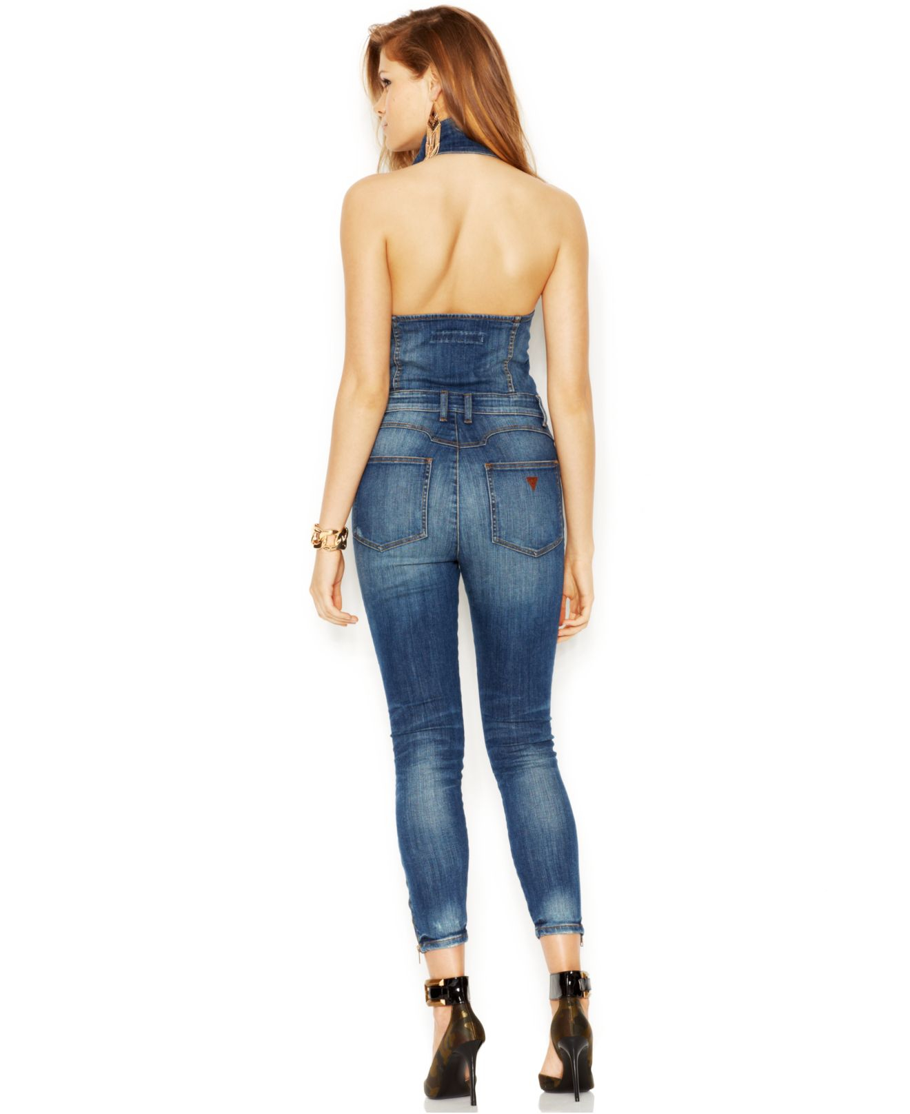 Guess Halter Skinny Denim Jumpsuit Sherry Wash in Blue | Lyst