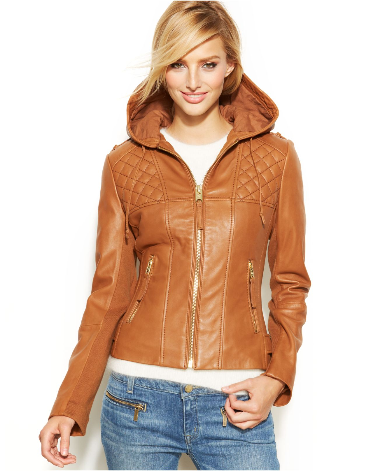 Michael Kors Michael Petite Knit-Inset Hooded Leather Jacket in Brown - Lyst