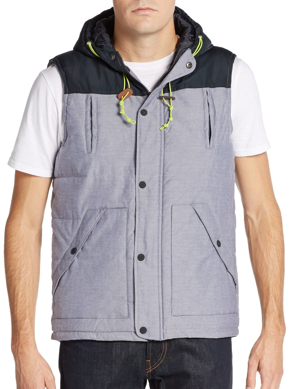 blue hooded vest