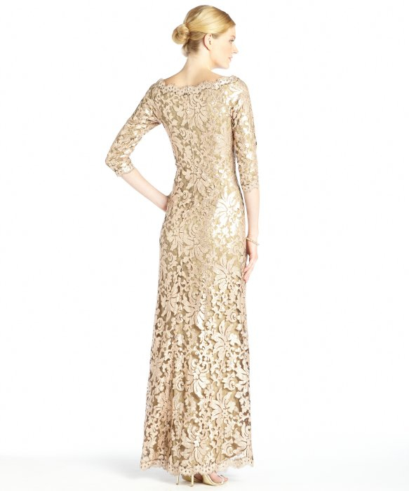 Tadashi Shoji Gold Sequined Lace Long Sleeve Gown In Metallic Lyst Gallery