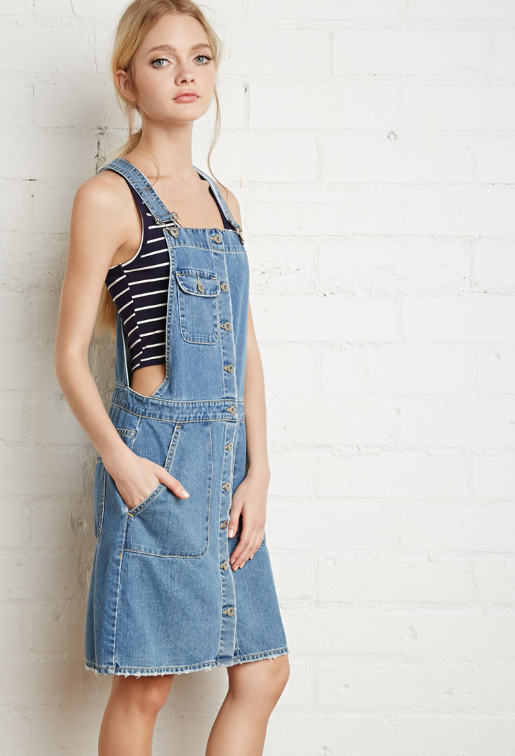 Forever 21 Buttoned Denim Overall Dress in Blue - Lyst