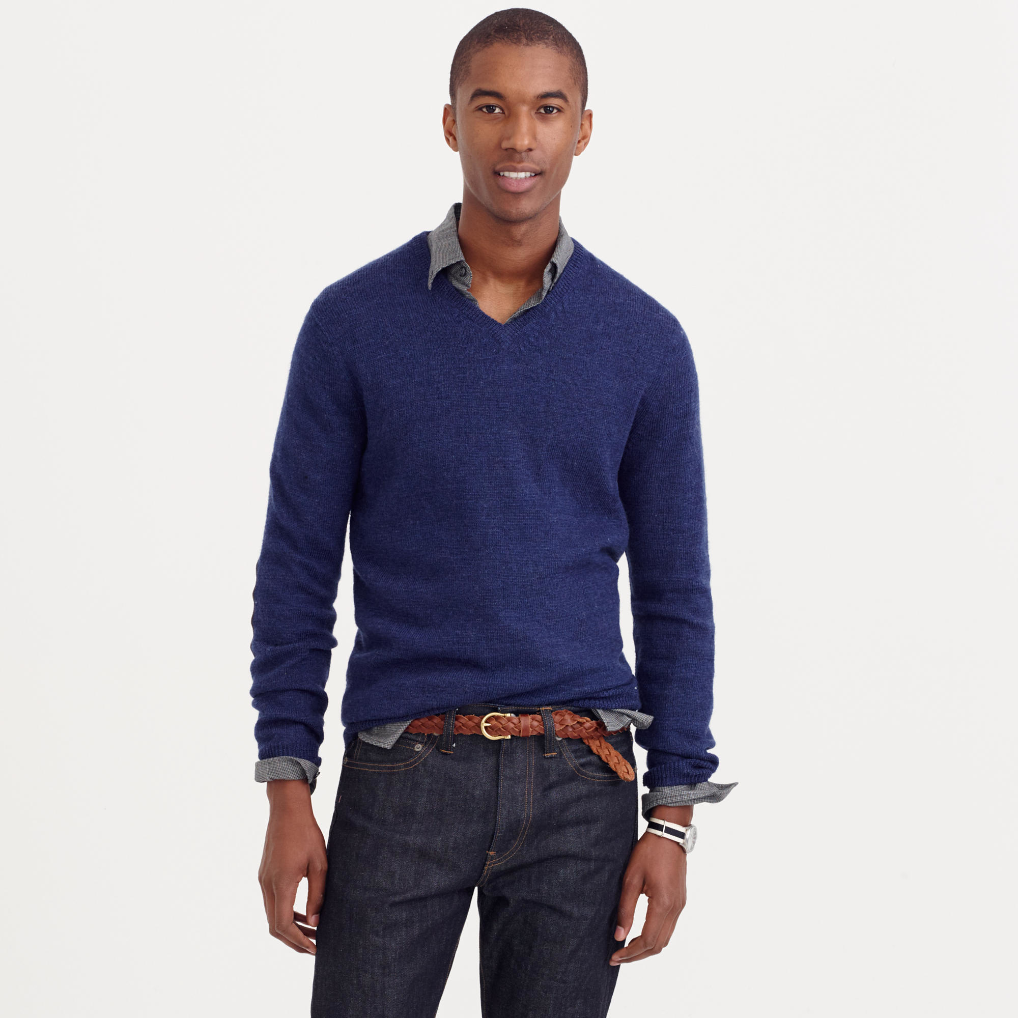 J.Crew Tall Rustic Merino V-neck Elbow-patch Sweater in Blue for Men