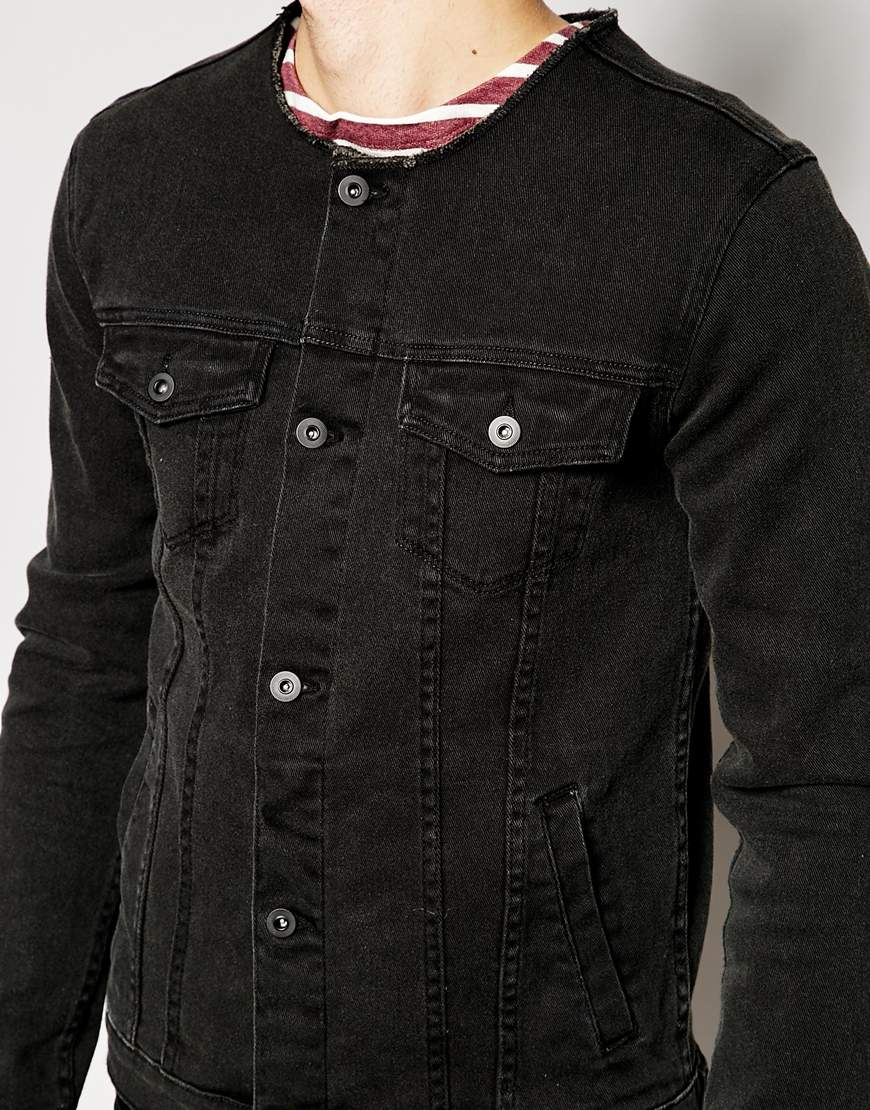 collarless denim shirt
