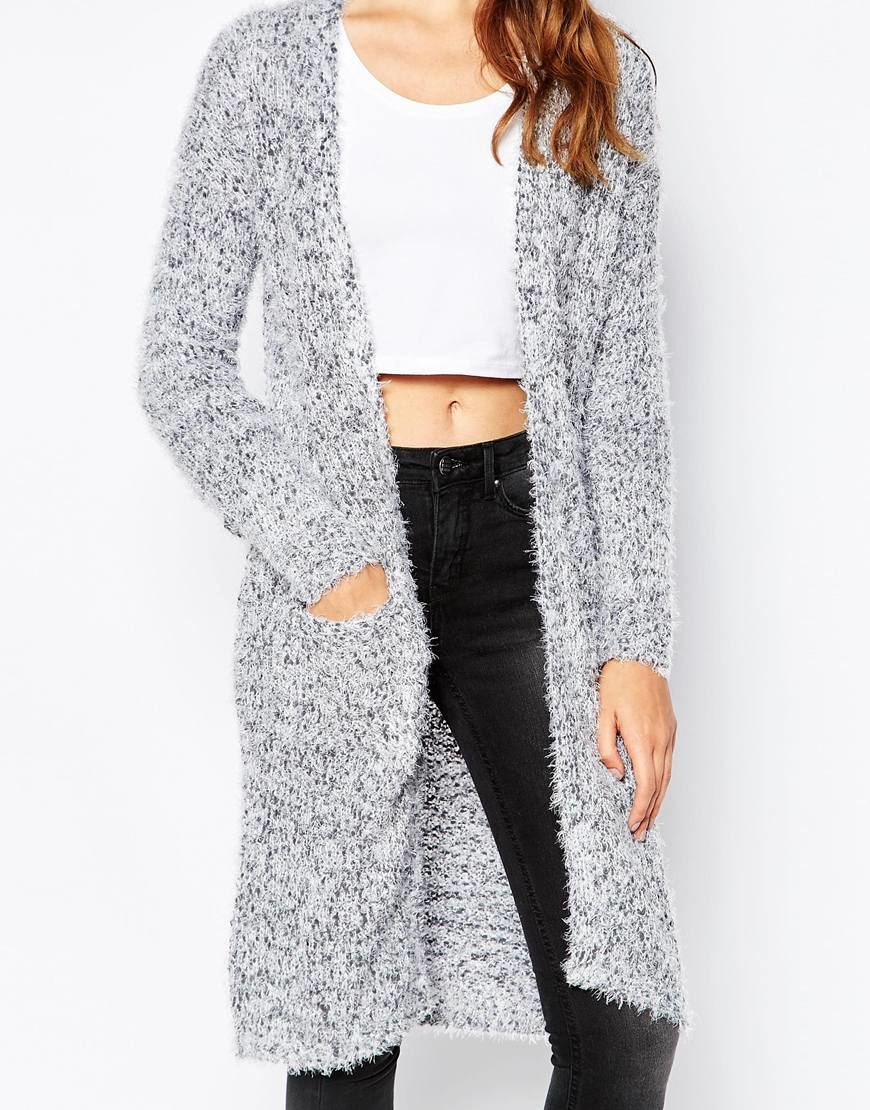 gray fuzzy cardigan