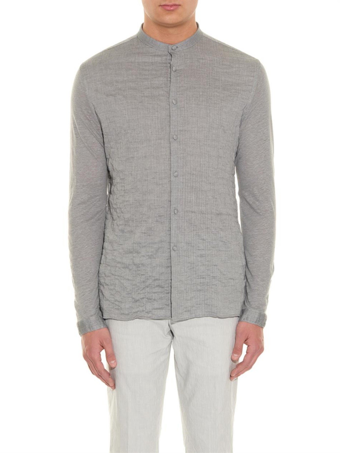 John Varvatos Collarless Cotton-Blend And Linen Shirt in Light Grey ...
