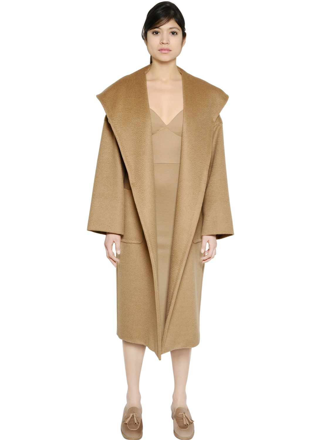 Max Mara Hooded & Belted Camel Coat in Natural | Lyst