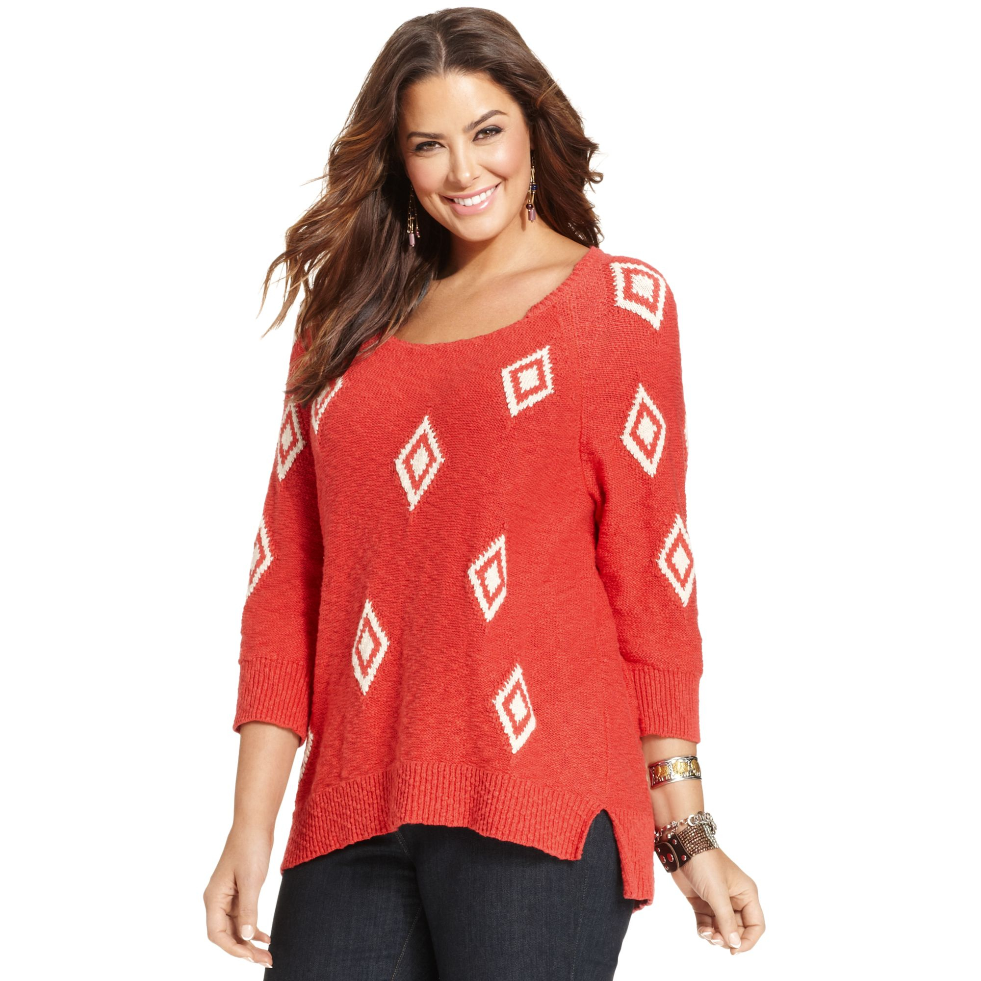 Lucky brand Plus Size Threequartersleeve Printed Sweater in Red | Lyst