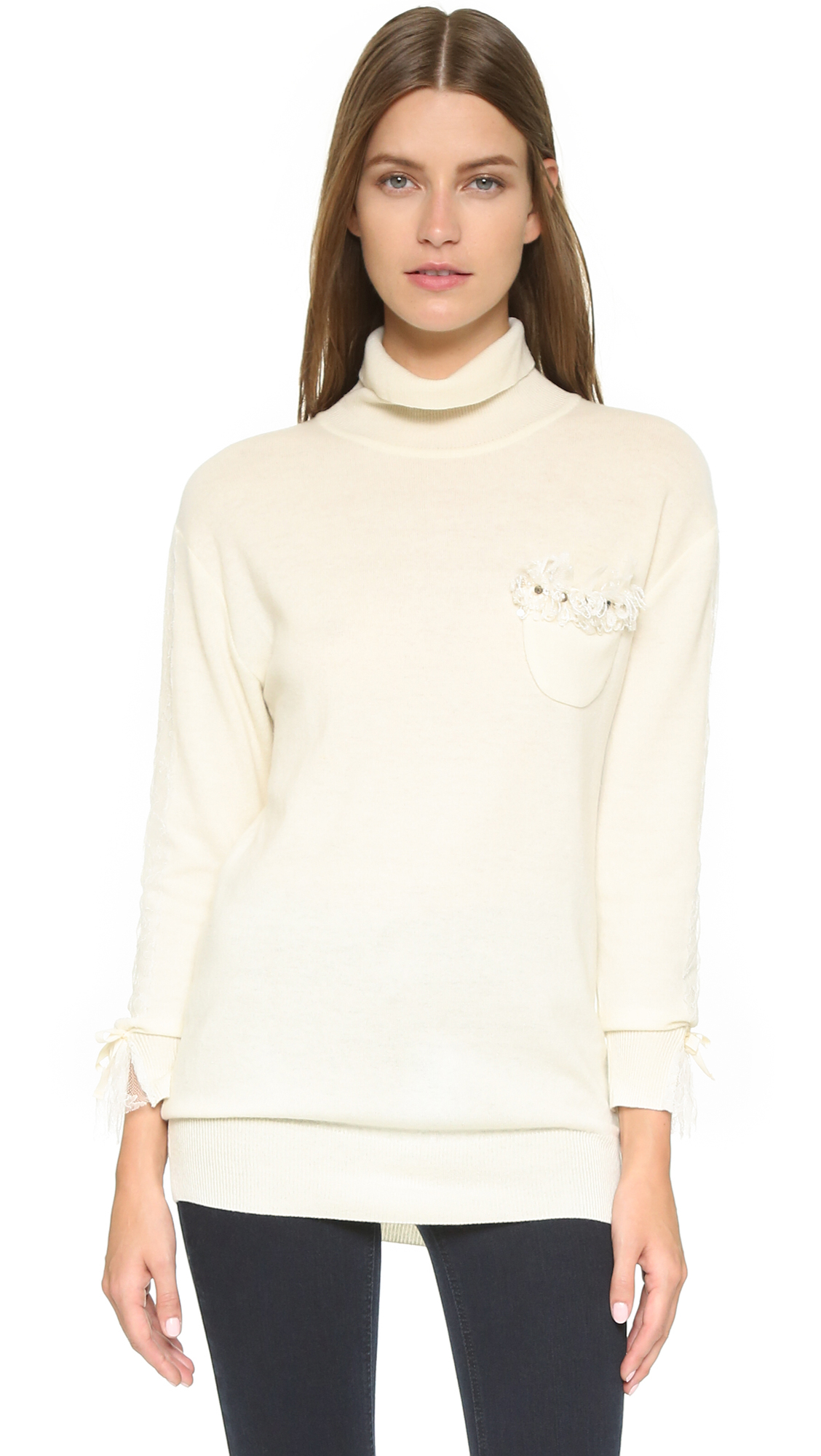 Lyst - Leur logette Lace Sleeve Turtleneck Sweater - Off White in White