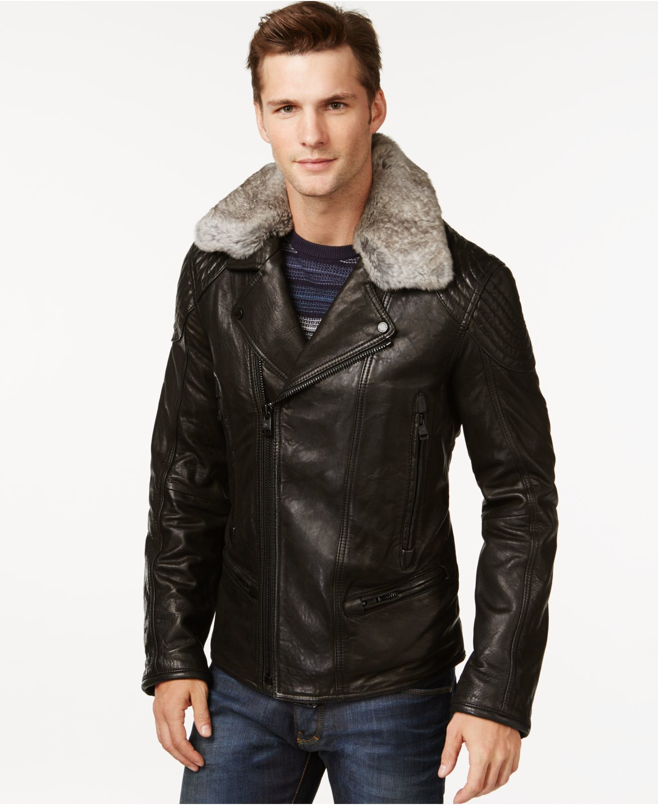 Andrew Marc Hawkinge Fur-collar Leather Jacket in Black for Men - Lyst