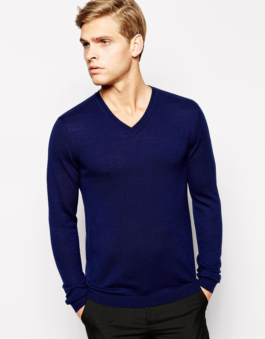 Lyst - Asos Merino V Neck Sweater in Blue for Men