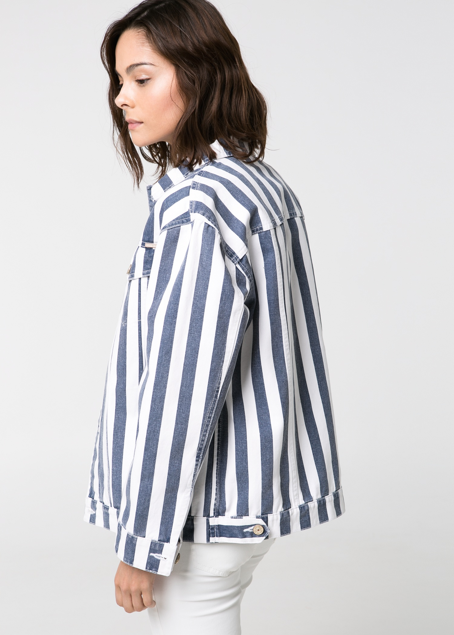 blue and white striped denim jacket