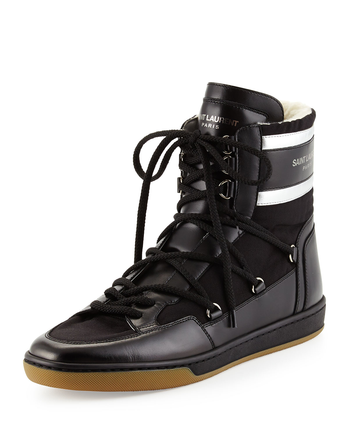 Saint laurent Fur-Lined Leather High-Top Sneakers in Black | Lyst