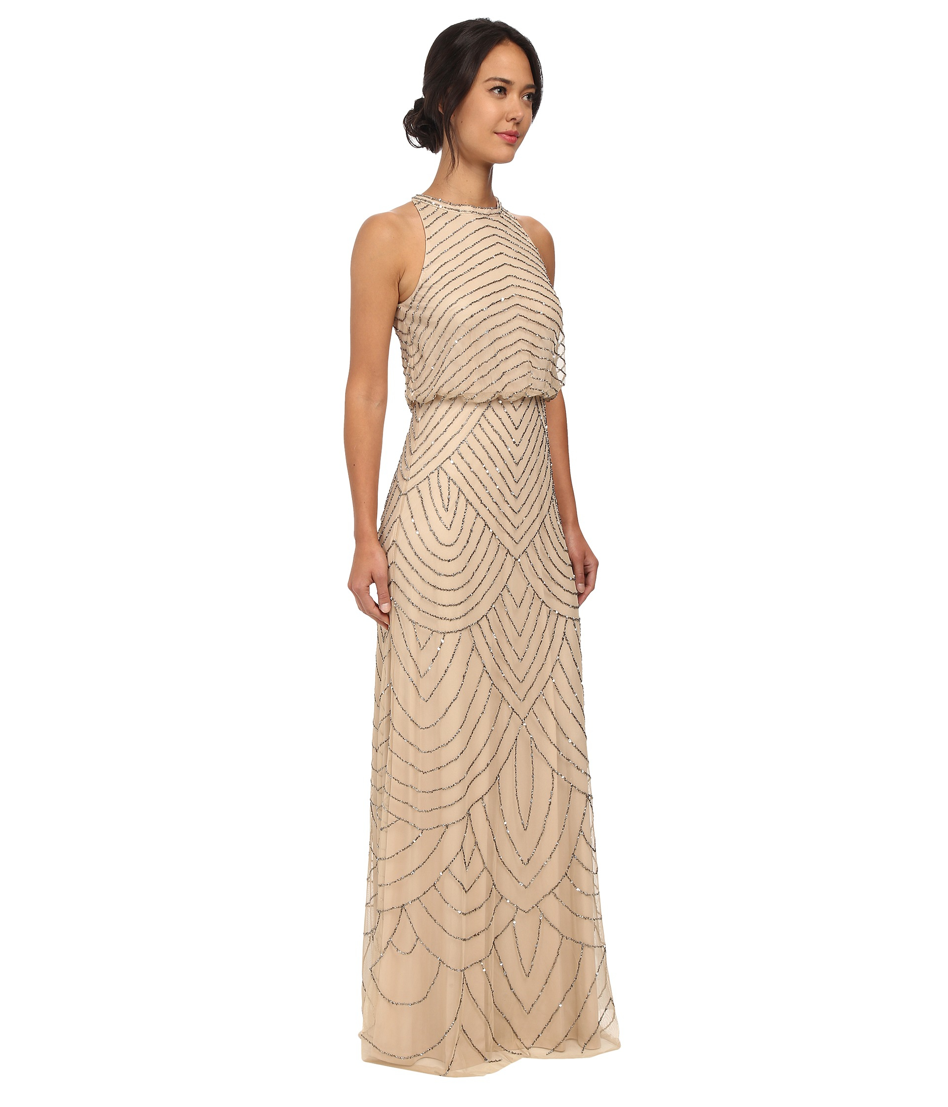 Adrianna Papell Beaded Halter Gown in Nude (Natural) | Lyst