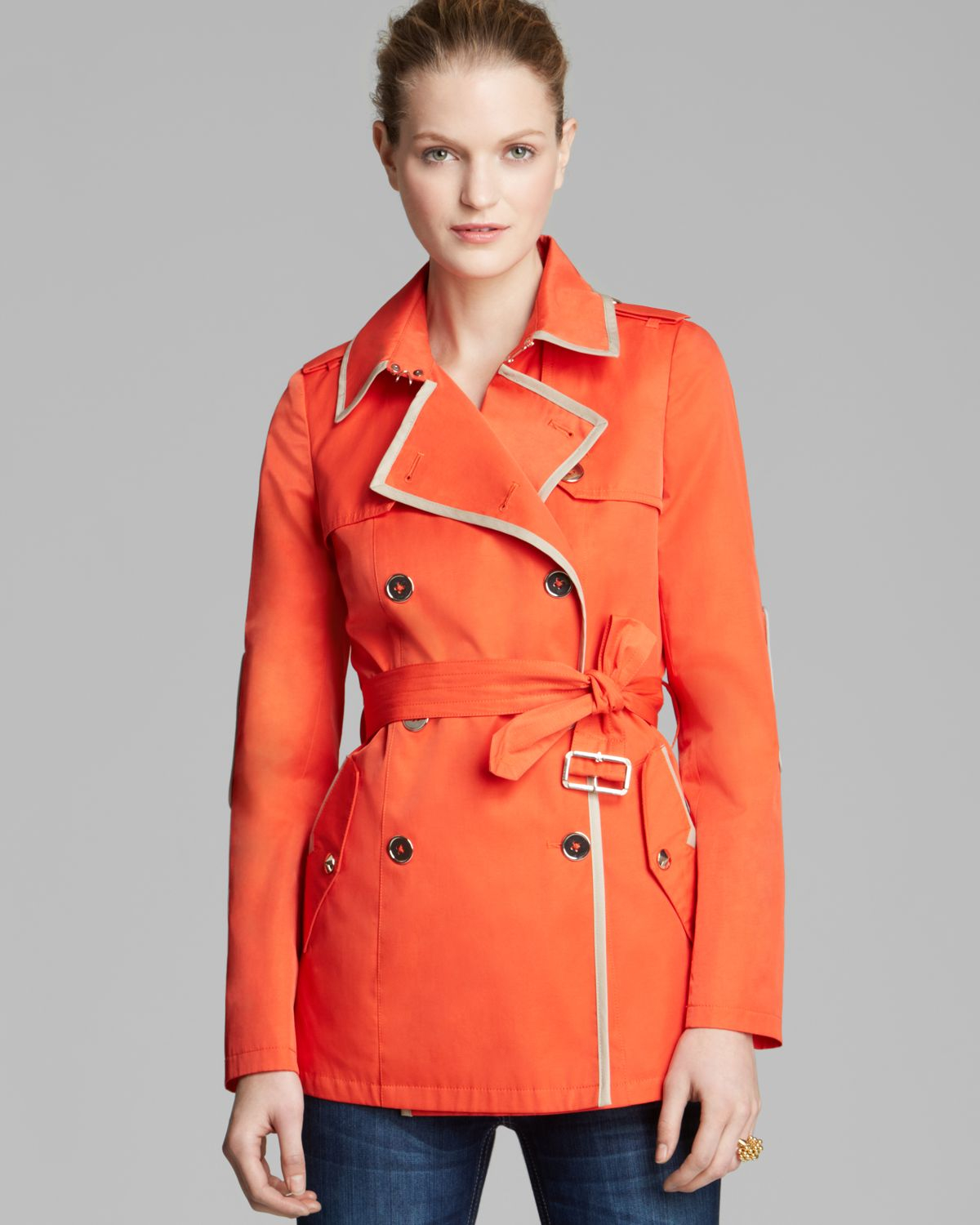 Sam Edelman Trench Coat Lydia Belted with Piping in Orange - Lyst