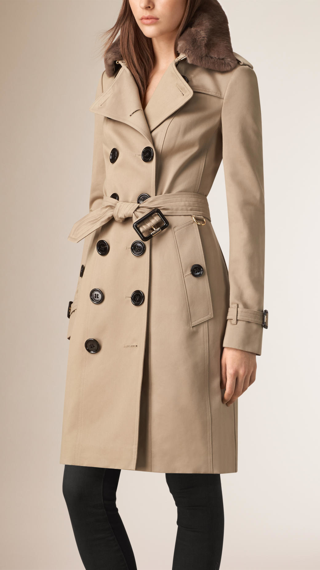 Burberry Fur Collar Cotton Trench Coat in Taupe Brown (Brown) - Lyst
