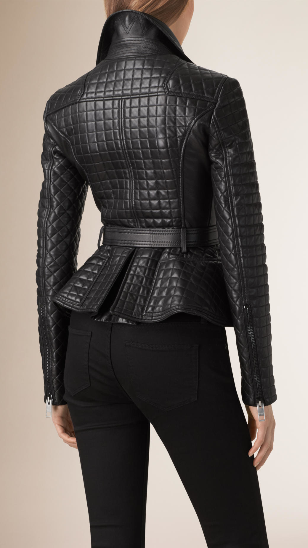 Lyst Burberry Peplum Biker Jacket in Black